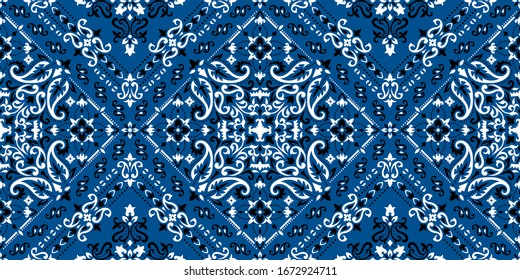 Nahtloses Muster basierend auf dem Ornament Palisley Bandana Print. Boho Vintage-Vektorillustration Hintergrund. Seidenhalsschal oder Kerochmuster Design-Stil, das beste Motiv für Druck auf Stoff oder Papper.