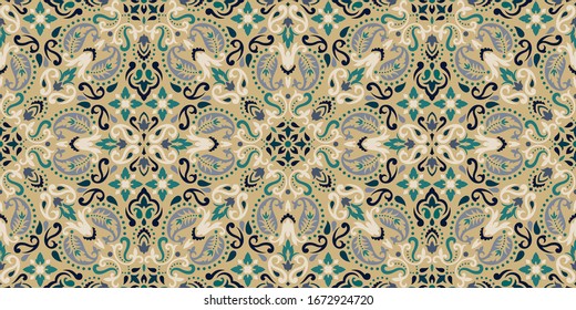 Seamless pattern based on ornament paisley Bandana Print. Boho vintage style vector background. Silk neck scarf or kerchief square pattern design style, best motive for print on fabric or papper.