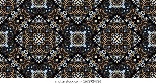 Seamless pattern based on ornament paisley Bandana Print. Boho vintage style vector background. Silk neck scarf or kerchief square pattern design style, best motive for print on fabric or papper.