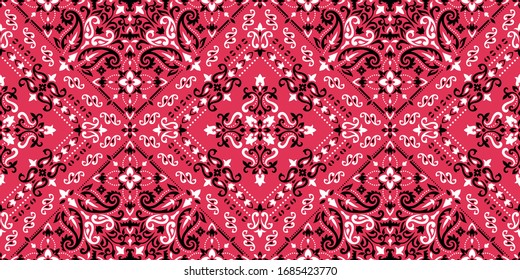 Seamless pattern based on ornament paisley Bandana Print. Boho vintage style vector background. Silk neck scarf or kerchief square pattern design style, best motive for print on fabric or paper.