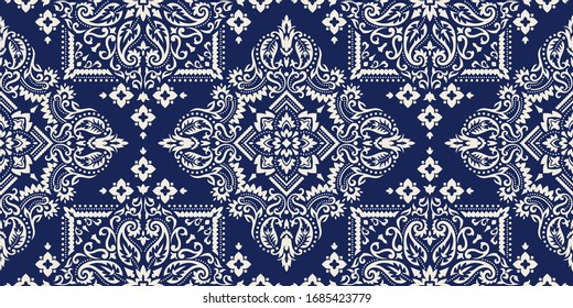 Seamless pattern based on ornament paisley Bandana Print. Boho vintage style vector background. Silk neck scarf or kerchief square pattern design style, best motive for print on fabric or paper. svg