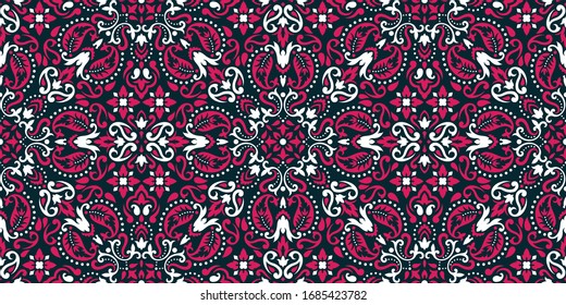 Seamless pattern based on ornament paisley Bandana Print. Boho vintage style vector background. Silk neck scarf or kerchief square pattern design style, best motive for print on fabric or paper.