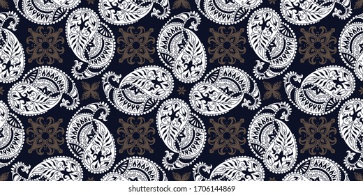 Seamless pattern based on ornament paisley Print. Boho vintage style vector background. Silk neck scarf or kerchief square pattern design style, best motive for print on fabric or papper.