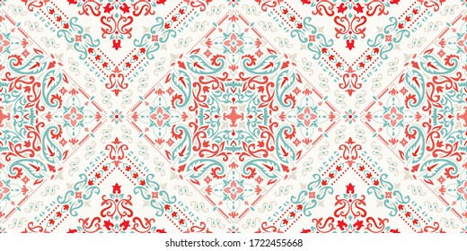 Seamless pattern based on ornament paisley Bandana Print. Boho vintage style vector background. Silk neck scarf or kerchief square pattern design style, best motive for print on fabric or papper.