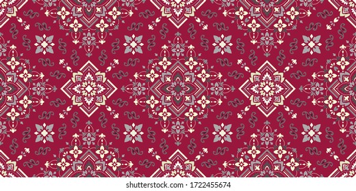 Seamless pattern based on ornament paisley Bandana Print. Boho vintage style vector background. Silk neck scarf or kerchief square pattern design style, best motive for print on fabric or papper.