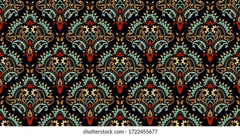 Seamless pattern based on ornament paisley Bandana Print. Boho vintage style vector background. Silk neck scarf or kerchief square pattern design style, best motive for print on fabric or papper.