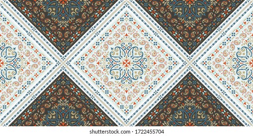 Seamless pattern based on ornament paisley Bandana Print. Boho vintage style vector background. Silk neck scarf or kerchief square pattern design style, best motive for print on fabric or papper.