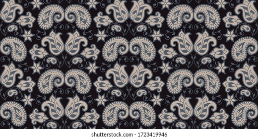 Seamless pattern based on ornament paisley Print. Boho vintage style vector background. Silk neck scarf or kerchief square pattern design style, best motive for print on fabric or papper.