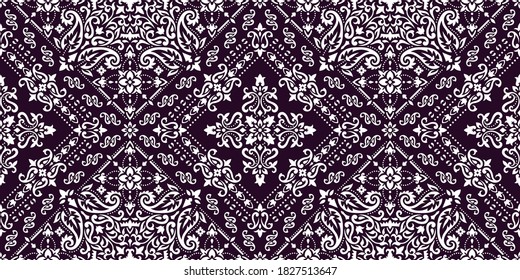 Seamless pattern based on ornament paisley Bandana Print. Boho vintage style vector background. Silk neck scarf or kerchief square pattern design style, best motive for print on fabric or papper.