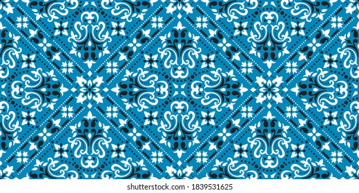 Seamless pattern based on ornament paisley Bandana Print. Boho vintage style vector background. Silk neck scarf or kerchief square pattern design style, best motive for print on fabric or papper.