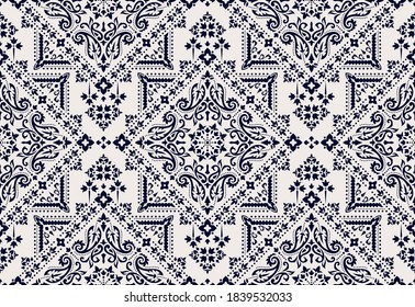 Seamless pattern based on ornament paisley Bandana Print. Boho vintage style vector background. Silk neck scarf or kerchief square pattern design style, best motive for print on fabric or papper.