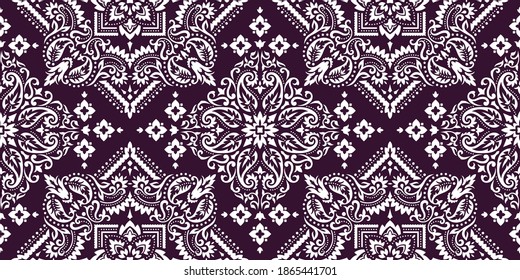 Seamless pattern based on ornament paisley Bandana Print. Boho vintage style vector background. Silk neck scarf or kerchief square pattern design style, best motive for print on fabric or papper.