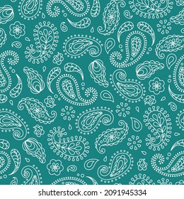 Seamless pattern based on ornament paisley Bandana print. Vector background. 
Paisley. Traditional ethnic pattern. Green emerald color