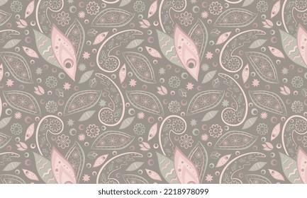 Seamless pattern based on an ornament with a Paisley bandana print in delicate pink-green pastel colors