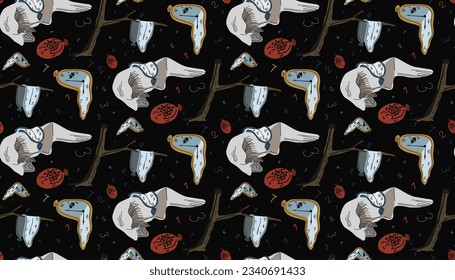 Seamless pattern. Based on a painting by Salvador Dali. Soft watch. Persistence of memory. Wallpaper print.