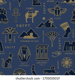 A seamless pattern based on the symbols of ancient Egypt. Cats, lotus flowers, camels, buffaloes and more.