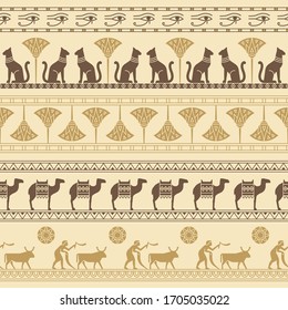 A seamless pattern based on the symbols of ancient Egypt. Cats, lotus flowers, camels, buffaloes and more.