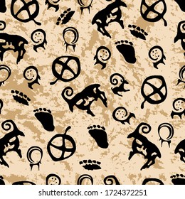 

Seamless pattern based on Tamgaly petroglyphs. Vector texture.