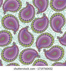 Seamless pattern based on traditional oriental paisley elements, Indian, Turkish, Persian cucumber. Suitable for textiles, fabrics, wallpapers, wrapping paper. Vector illustration.