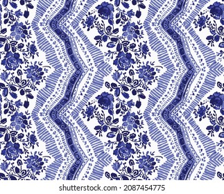 Seamless pattern based on traditional Asian elements Paisley  Bohemian Seamless Borders. Stripes with Blue Floral Motifs, Roses, Paisleys. Decorative ornament backdrop for fabric, textile Etc.