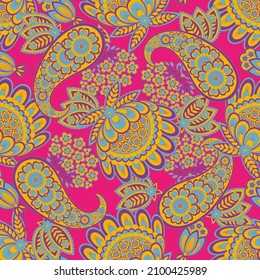 Nahtlose Muster auf der Grundlage der traditionellen asiatischen Elemente Paisley. Traditionelles, farbenfrohes, nahtloses Paisley-Vektormuster. Muster für Textildesign oder Stoffe. Modernes, zartes Design