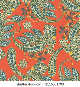 Seamless pattern based on traditional Asian elements Paisley. Traditional colorful seamless paisley vector pattern. Pattern for textile design or fabrics. Fashionable delicate design
