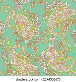 Seamless pattern based on traditional Asian elements Paisley. Traditional colorful seamless paisley vector pattern. Pattern for textile design or fabrics. Fashionable delicate design