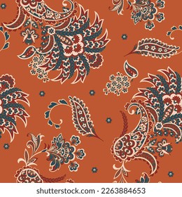 Seamless pattern based on traditional Asian elements Paisley. Traditional colorful seamless paisley vector pattern. Pattern for textile design or fabrics. Fashionable delicate design