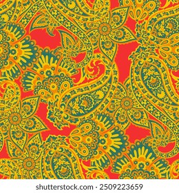 Padrão contínuo baseado em elementos asiáticos tradicionais Paisley. Padrão de vetor de paisley colorido tradicional. Padrão para design ou tecidos têxteis. Design delicado na moda