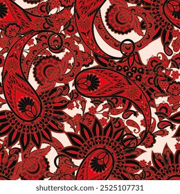 Padrão contínuo baseado em elementos asiáticos tradicionais Paisley. Padrão de vetor de paisley colorido tradicional. Padrão para design ou tecidos têxteis. Design delicado na moda