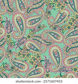 Seamless pattern based on traditional Asian elements Paisley. Traditional colorful seamless paisley vector pattern. Pattern for textile design or fabrics. Fashionable delicate design