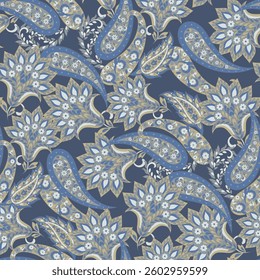Seamless pattern based on traditional Asian elements Paisley. Traditional colorful seamless paisley vector pattern. Pattern for textile design or fabrics. Fashionable delicate design