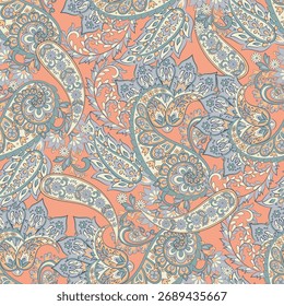 Padrão contínuo baseado em elementos asiáticos tradicionais Paisley. Padrão de vetor de paisley colorido tradicional. Padrão para design ou tecidos têxteis. Design delicado na moda
