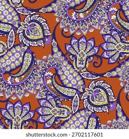 Padrão contínuo baseado em elementos asiáticos tradicionais Paisley. Padrão de vetor de paisley colorido tradicional. Padrão para design ou tecidos têxteis. Design delicado na moda