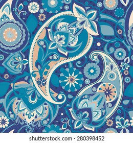 Seamless Pattern Based On Traditional Asian Elements Paisley. Pastel Blue. Sophisticated Pattern.