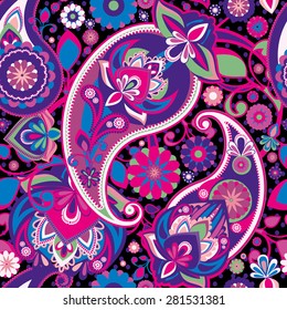 Seamless pattern based on traditional Asian elements Paisley. Purple, pink, green