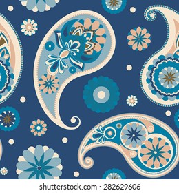 Seamless pattern based on traditional Asian elements Paisley. Pastel blue.