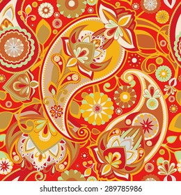 Seamless pattern based on traditional Asian elements Paisley. Red and gold.