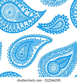 Seamless pattern based on traditional Asian elements Paisley. Abstract blue color pattern.