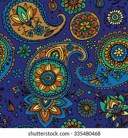 Seamless pattern based on traditional Asian elements Paisley. Blue tone.