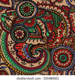 Seamless pattern based on traditional Asian elements Paisley. Ocher and red.