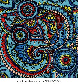 Seamless pattern based on traditional Asian elements Paisley. Blue tone.