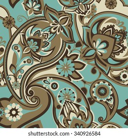 Seamless pattern based on traditional Asian elements Paisley. Brown and blue-green.