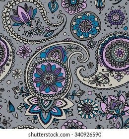 Seamless pattern based on traditional Asian elements Paisley. Gray tone.