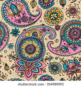 Seamless pattern based on traditional Asian elements Paisley. Pastel colors: pale pink and blue.