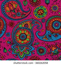 Seamless pattern based on traditional Asian elements Paisley. Bright pink, blue, orange.