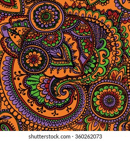 Seamless pattern based on traditional Asian elements Paisley. Dark orange and purple .