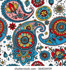 Seamless pattern based on traditional Asian elements Paisley. Red, blue, pink on a light background.