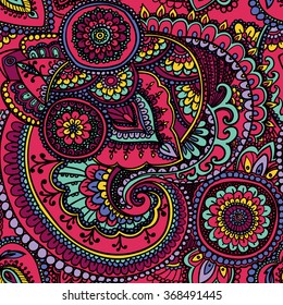 Seamless pattern based on traditional Asian elements Paisley. Bright pink tone.