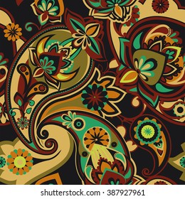 Seamless pattern based on traditional Asian elements Paisley. Dark brown, yellow and mint.